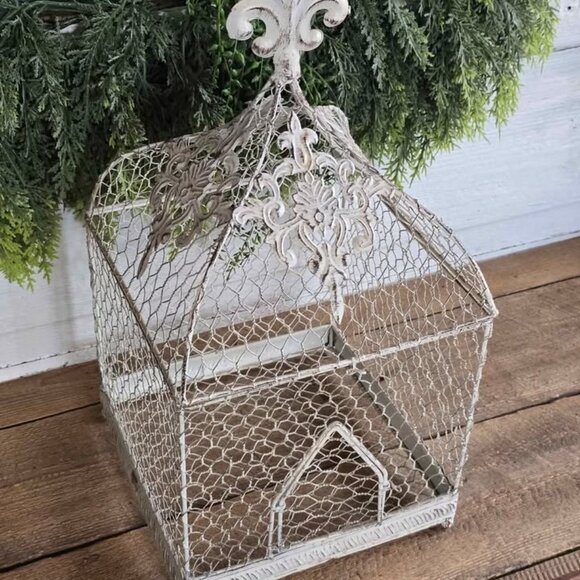 Distressed Shabby Chic White Chicken Wire Fleur de Lis Cage Box Farmhouse Decor - Picture 3 of 11